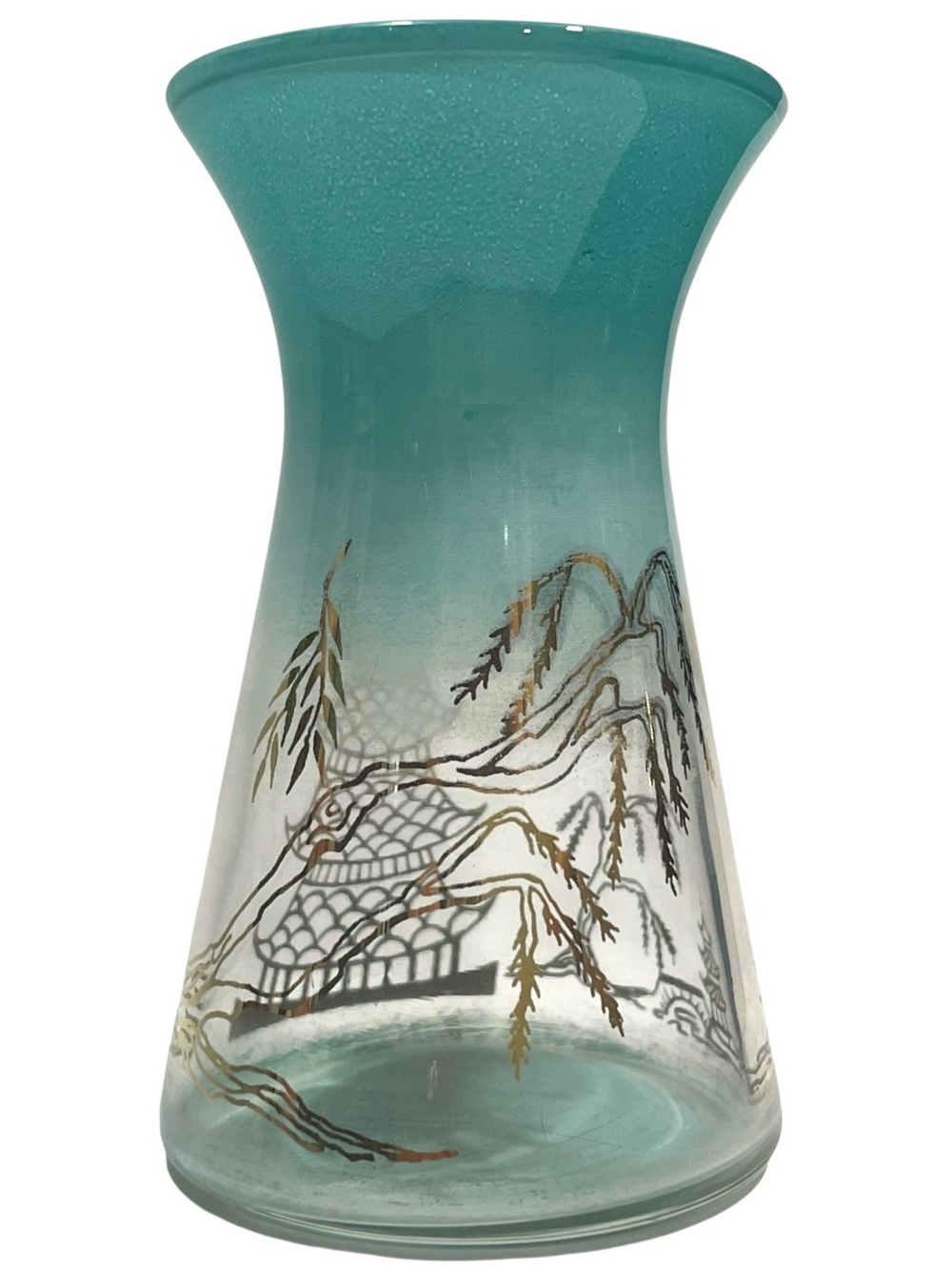 Vintage 1950s Bartlett-Collins Aqua Blue Glass Vase - Asian Pagoda & Willow Tree